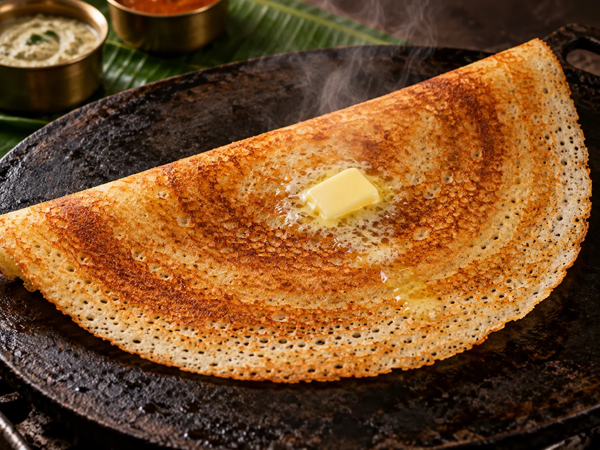 A pat of butter melting on a golden crisp benne dosa