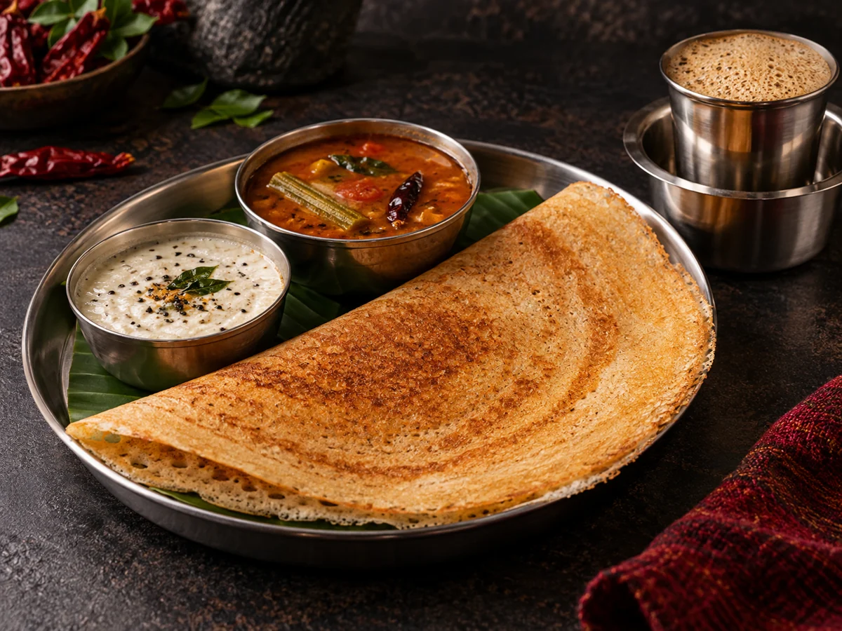 Crisp dosa with chutneys, sambar and a steel filter coffee tumbler