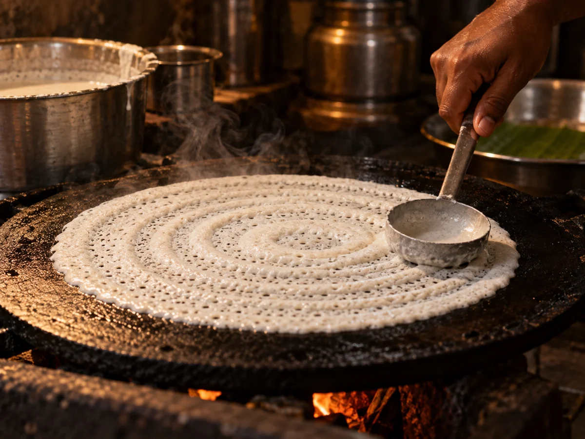 A cook spreading dosa batter in circles on a hot iron tawa