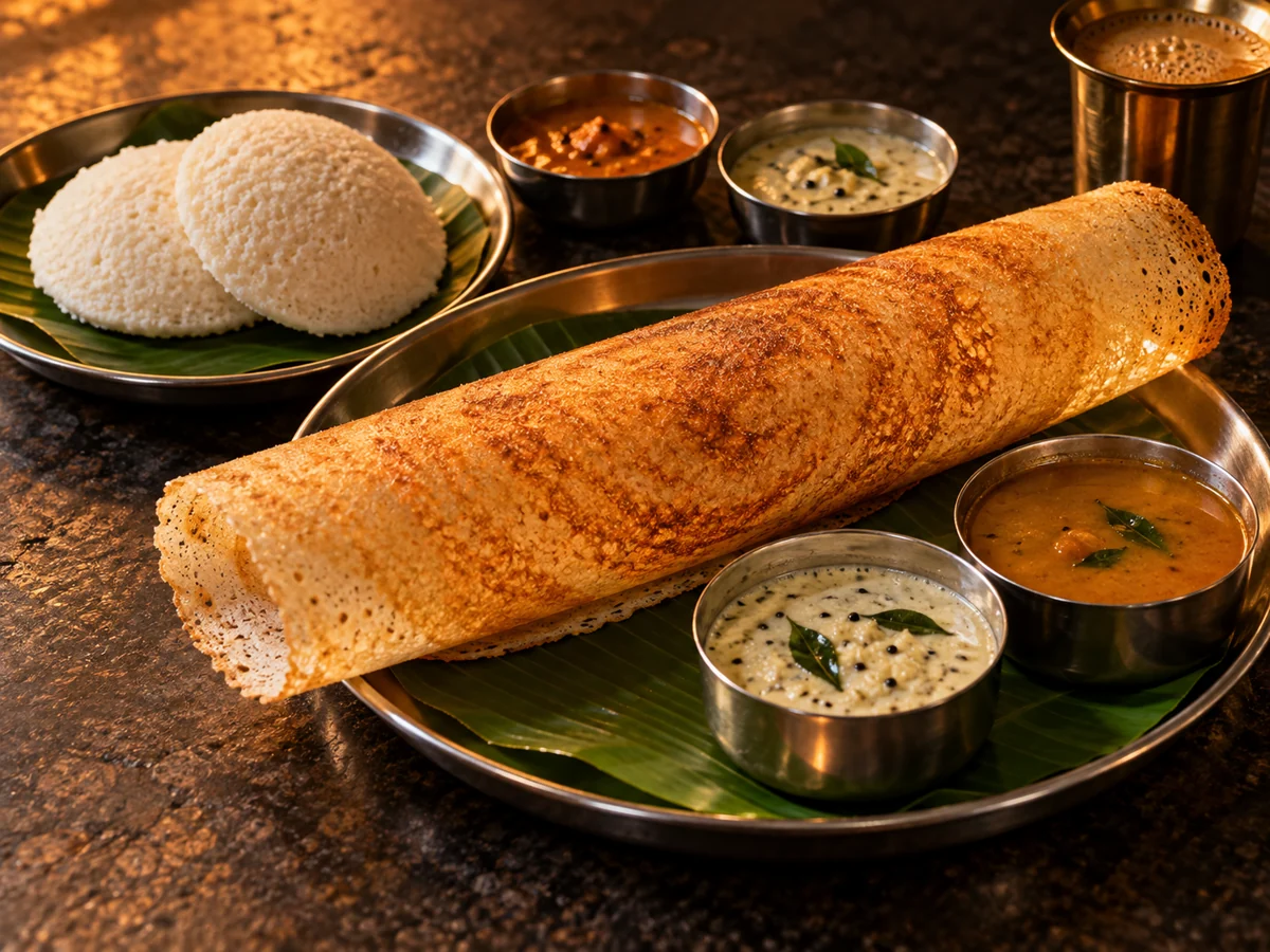 A South Indian tiffin spread on stainless steel plates in warm light