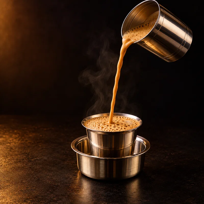 Filter coffee being poured into a steel tumbler and dabarah